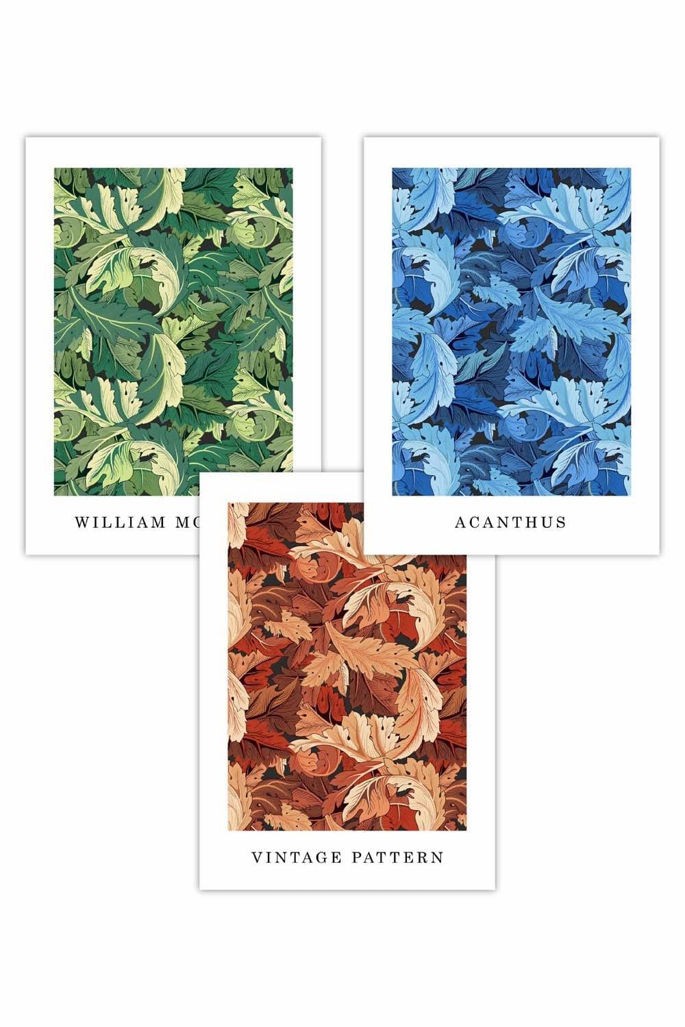 Set of 3 Blue, Green Brown William Morris Floral Art Posters